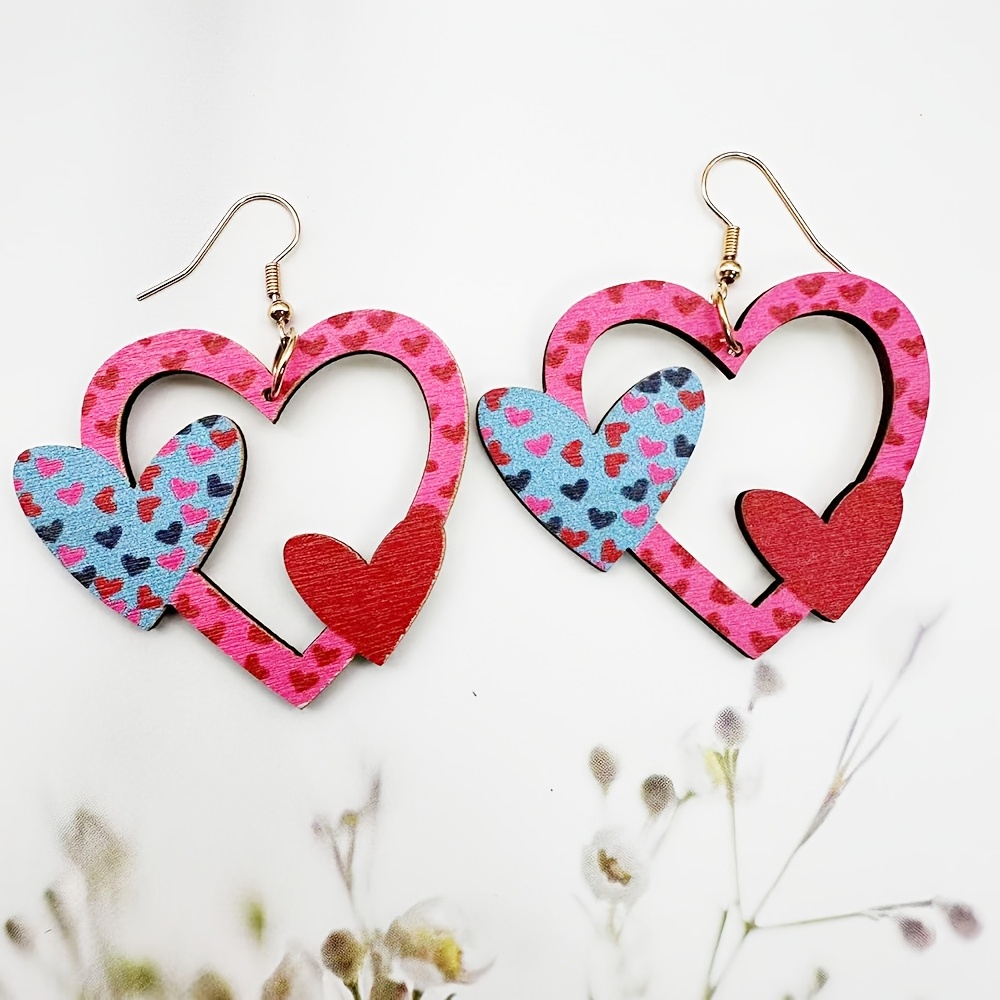 

Valentine's Day Wooden Print Fashion Earrings, Iron Posts, Ideal For Celebrations And Gifts