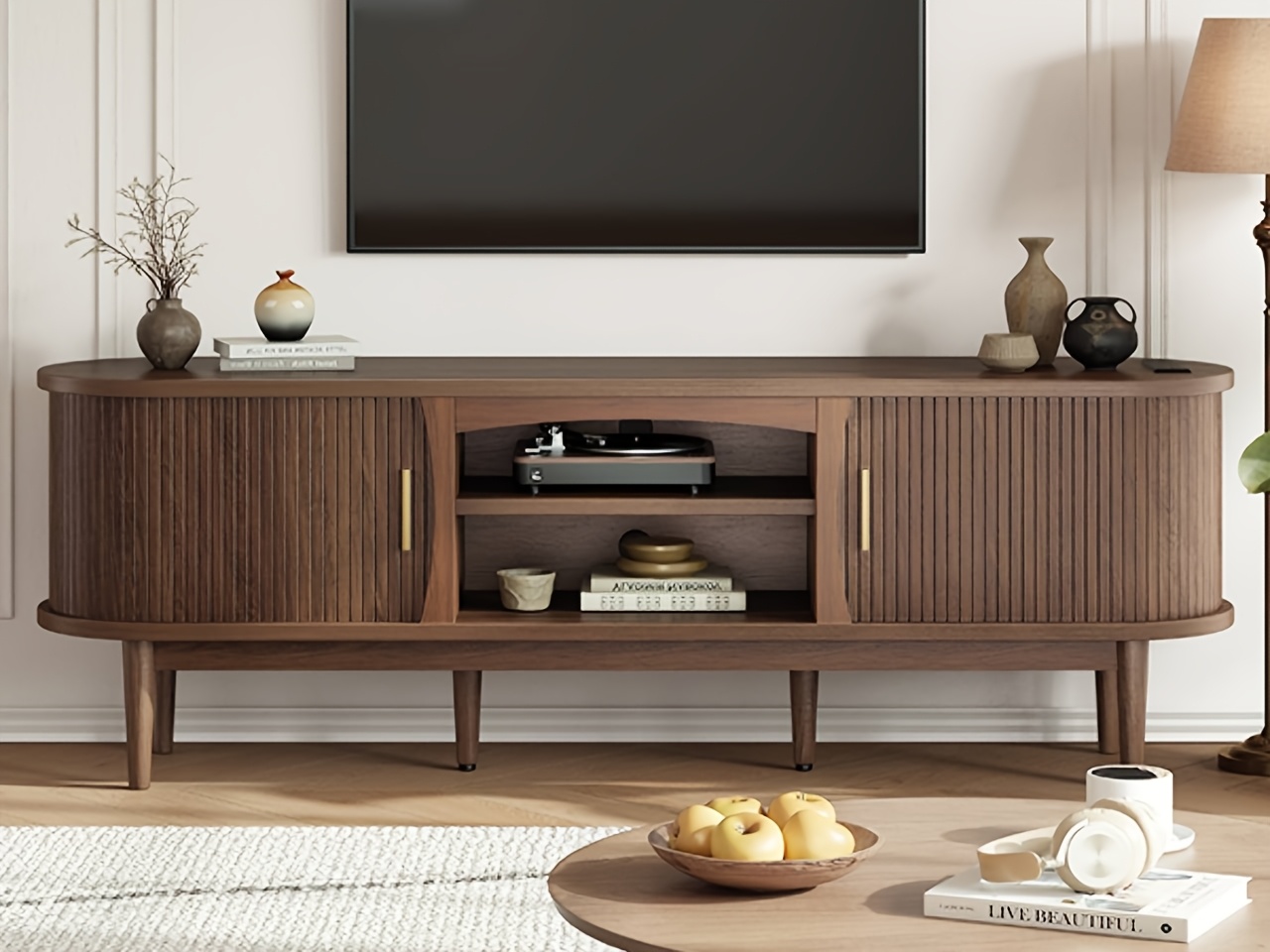 68 Inch Mid-Century TV Stand for TVs Up to 70 Inch, Entertainment Center with Storage, Power Outlet, Recessed Sliding Doors & Adjustable Shelves, Modern Media Console for Living Room, Housewarming Gift