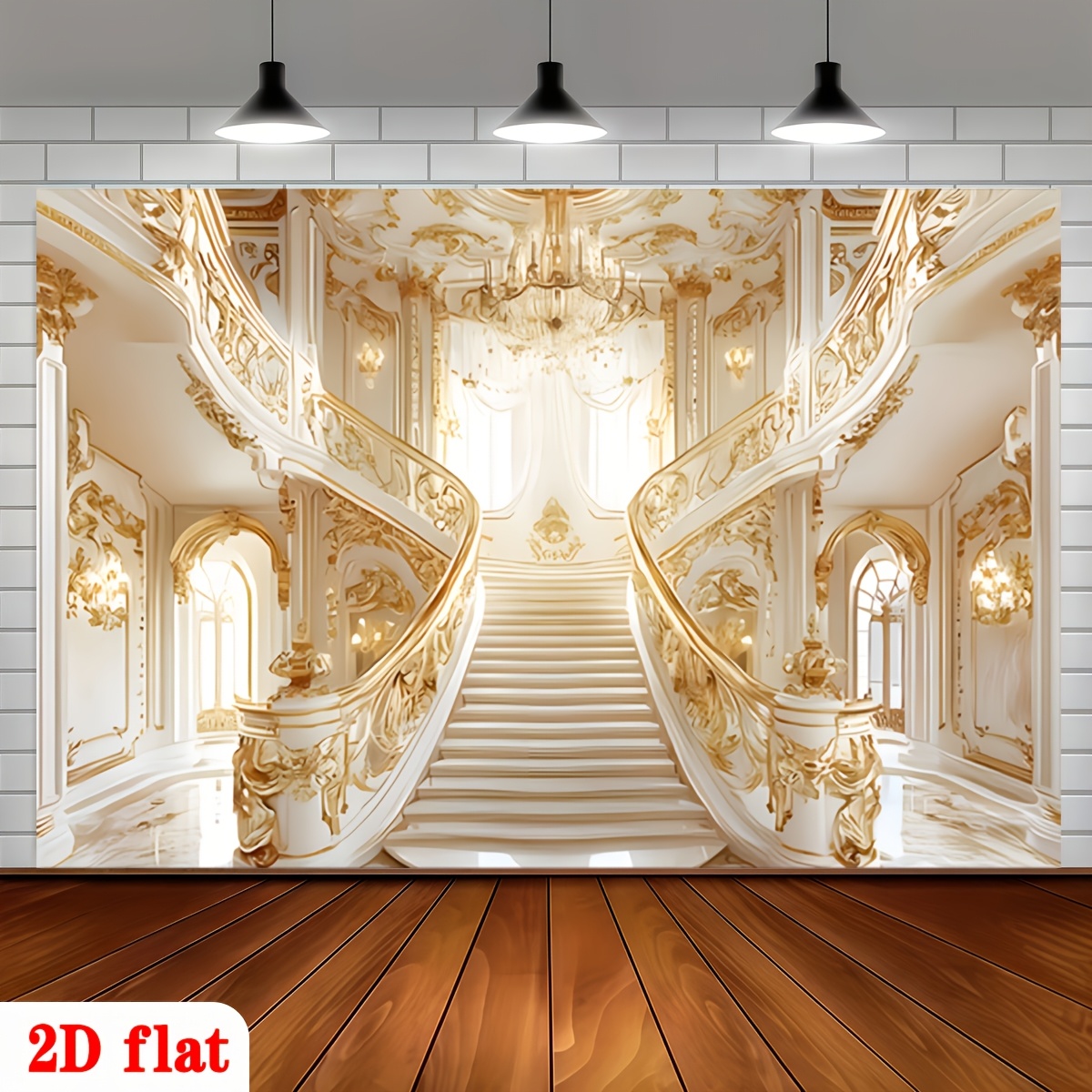 Golden Ornate Staircase White Marble Chandelier Backdrop Banner for Parties
