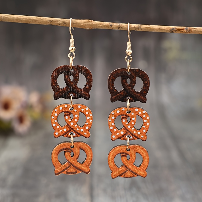 Image of Pair Of Vintage German Pretzel Earrings - Bohemian Wooden Teardrop Design With Polka Dots, Iron Hooks, Perfect For Daily Wear, Accessory, Vintage Earrings