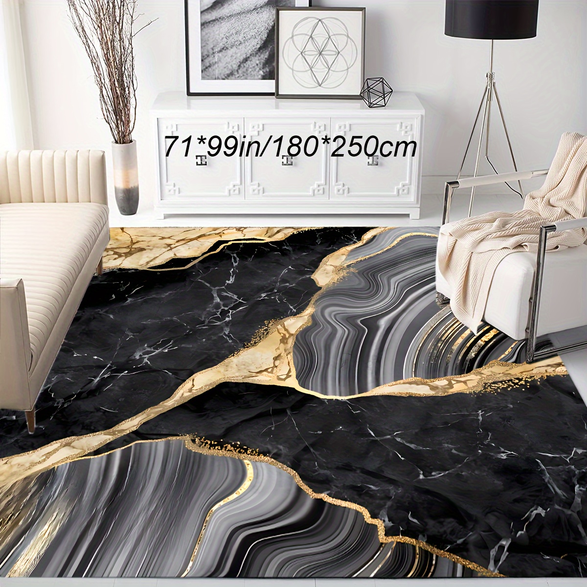 

Luxurious Black & Golden Striped Wave Area Rug - Soft , Non-slip Backing, Machine Washable, Living Room, Bedroom, Office, And Dining Area - 800 Gsm, Decorative Carpet With Unique Dot