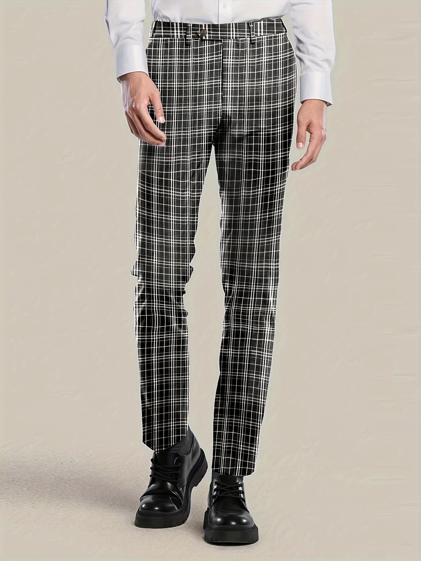 Slim Fit Elegant Plaid Slacks Men's Casual Vintage Style - Temu
