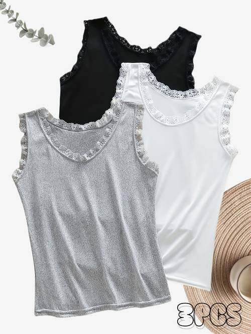 3pcs set lace cami top casual all match elegant fashion spring summer new womens top outerwear base layer comfortable elastic wardrobe essential suitable for thanksgiving christmas
