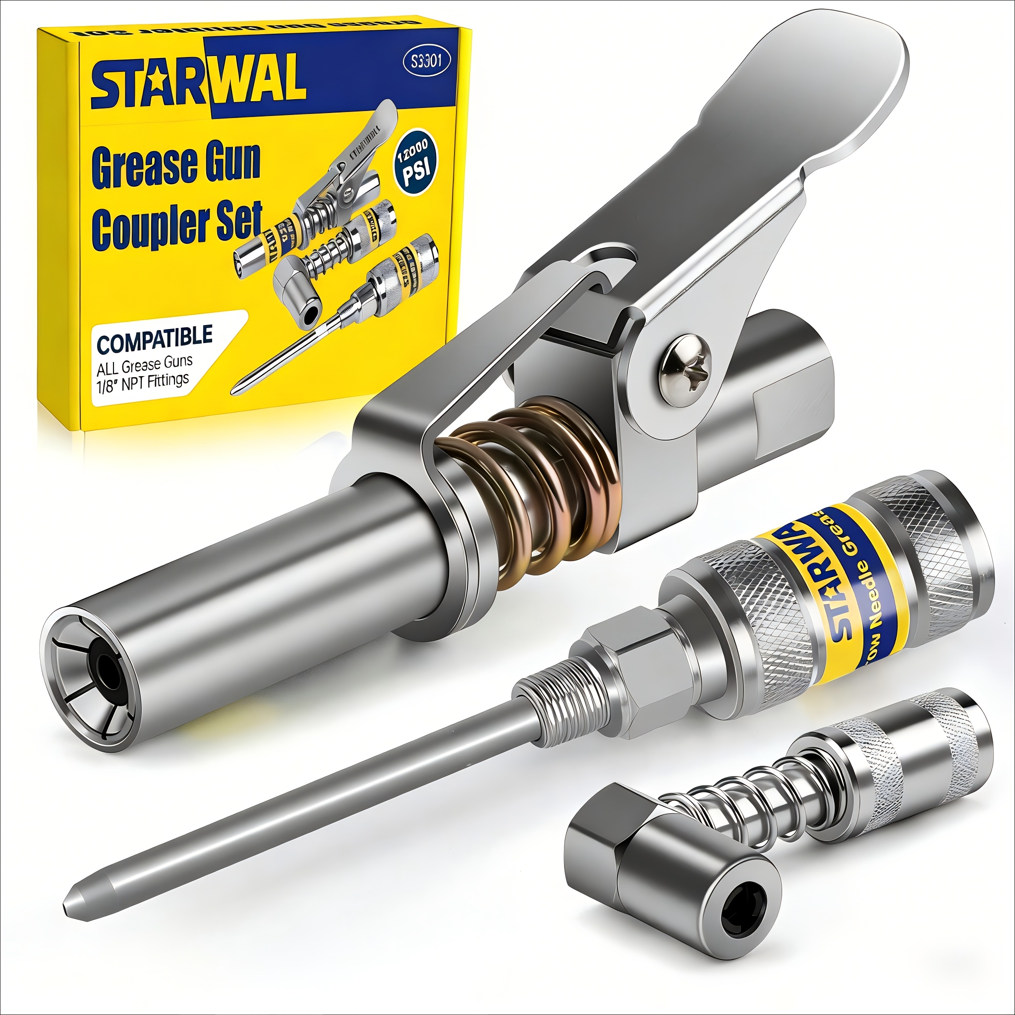 TEMU 4pcs Grease Gun Coupler Set | 12000psi High Pressure | Dual-gear Labor-saving | 1/8" Npt Universal Fit | 90° Nozzles, Tool Design, Durable