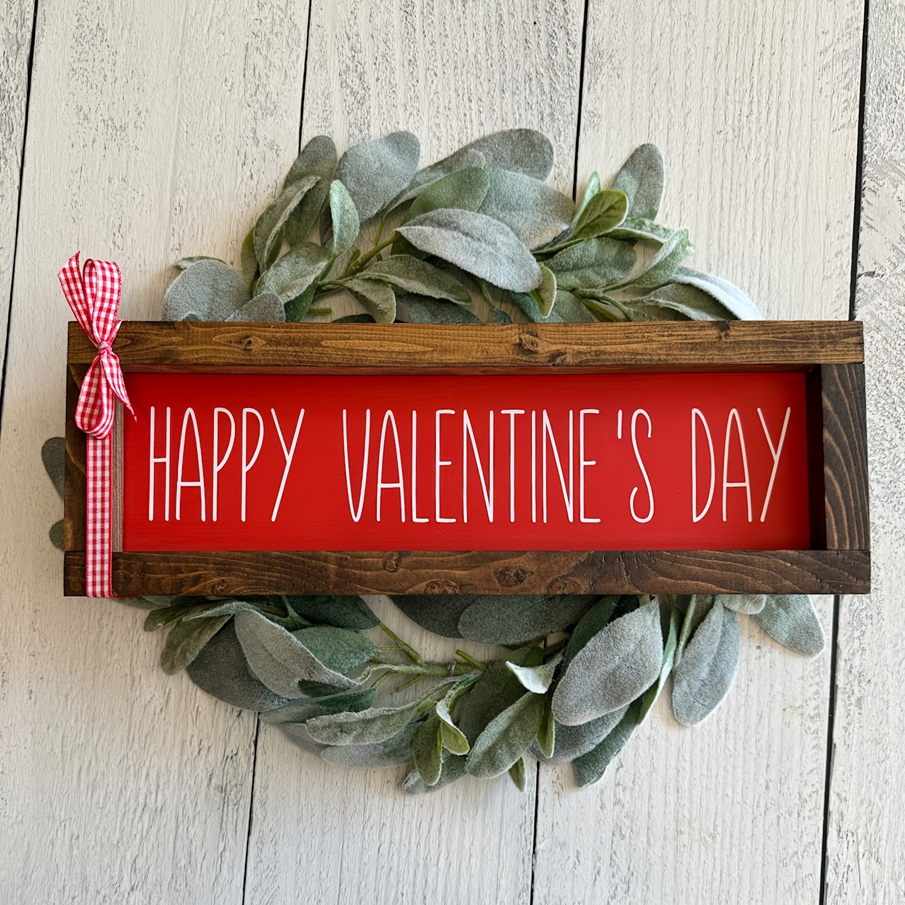 

Farmhouse-style 'happy Valentine's Day' Wooden Sign With Eucalyptus & Heart Wreath - Checkered Ribbon, Tiered Tray Decor, No Power Needed, Ideal Gift, Valentines Decorations