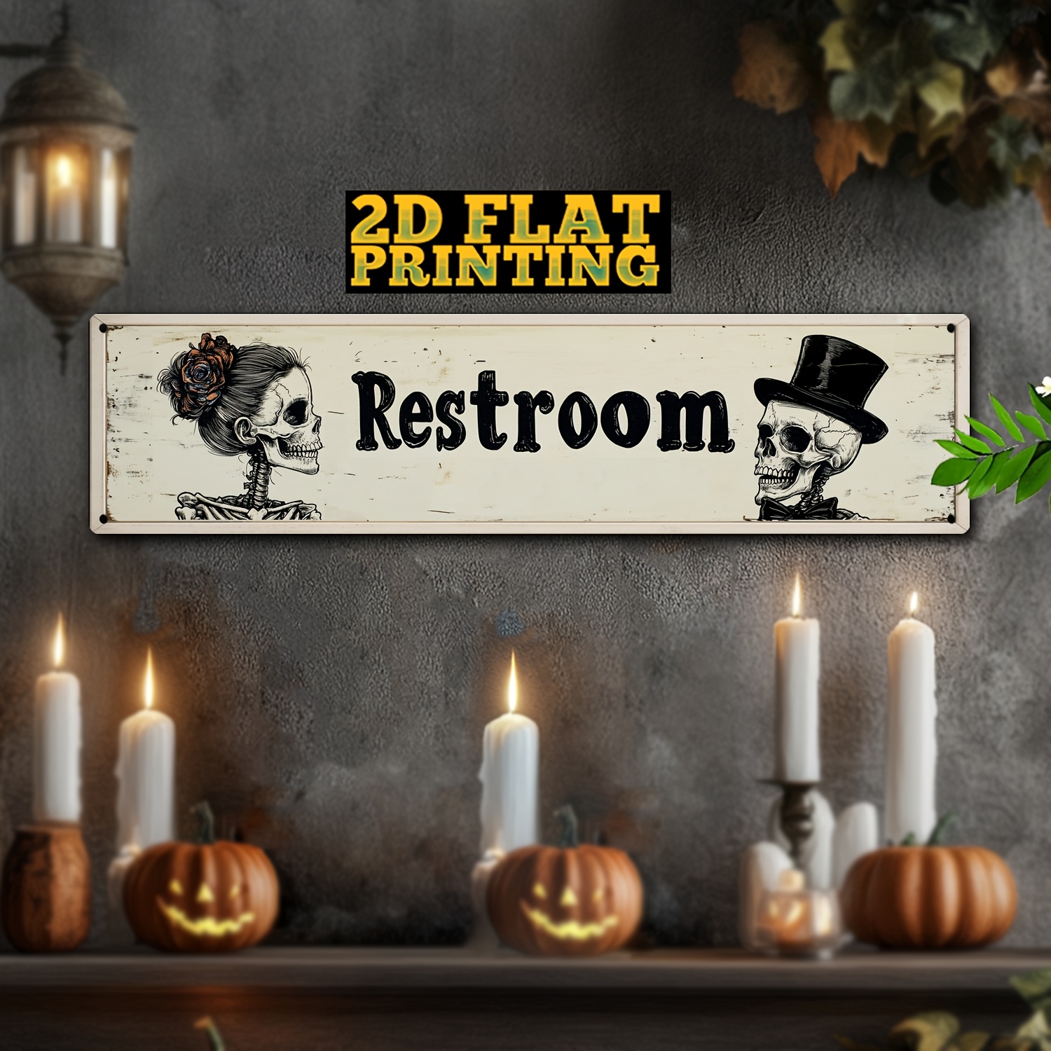 TEMU Plaque de Salle des Toilettes Gothique Halloween 2D Plate, 1pc - Grande Décoration Effrayante pour Porte d'Étage 4x16 Pouces avec Design Crâne &