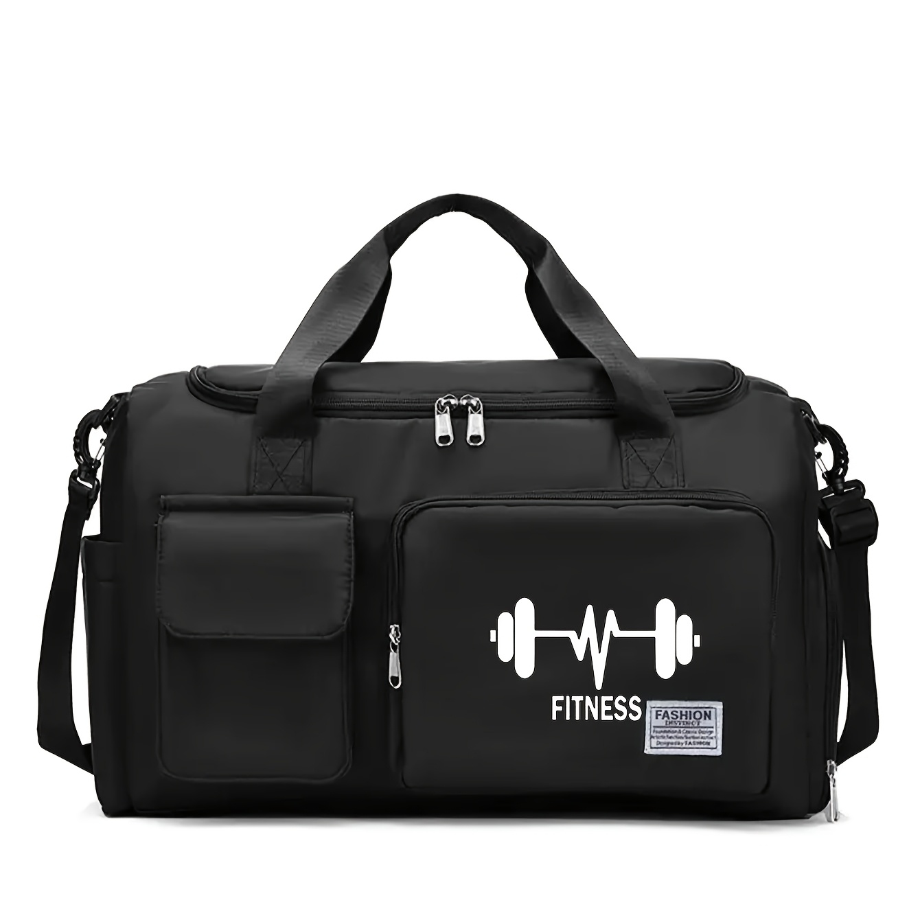 TEMU Large Capacity Dumbbell Printed Fitness Luggage Bag - Lightweight Nylon Travel Backpack With Dry And Wet Compartments, Double Handles, Suitable