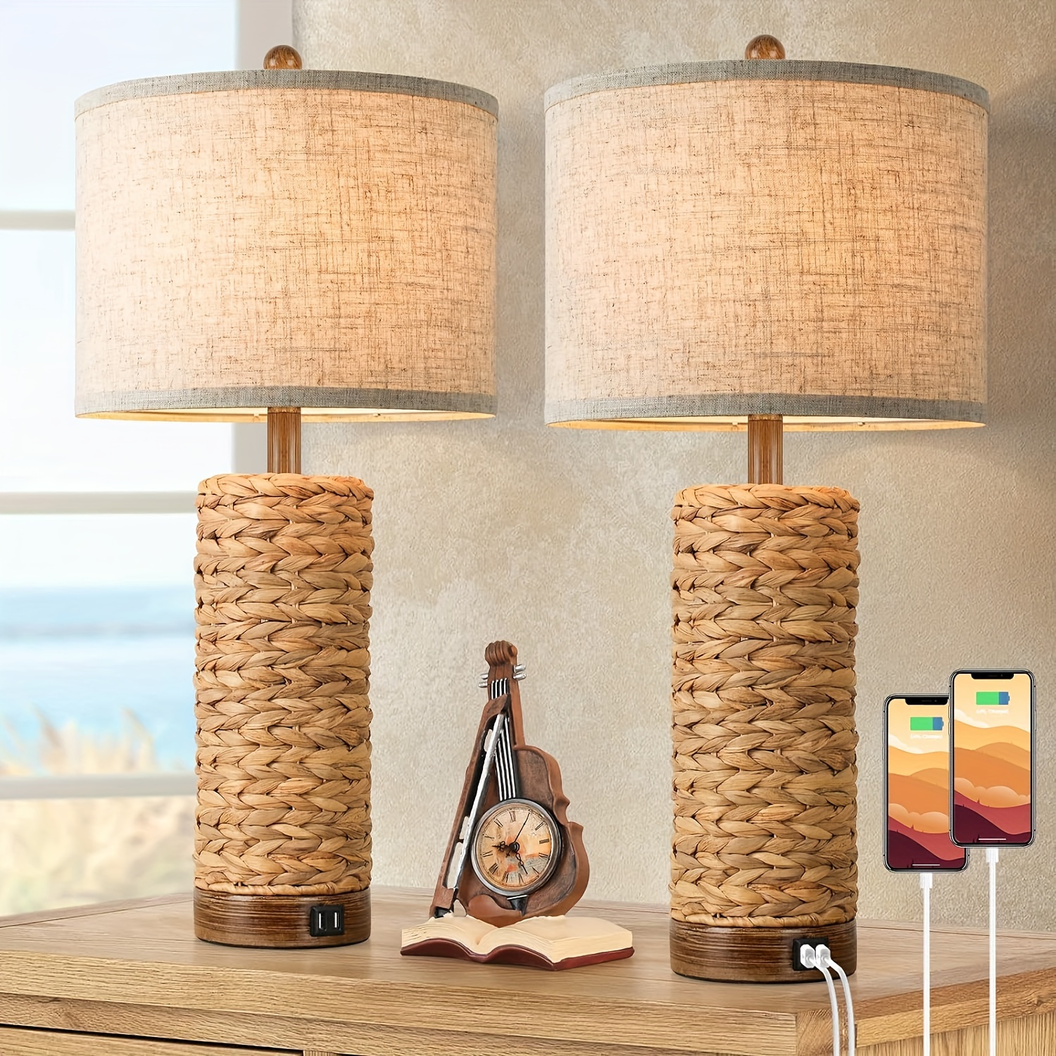 

Set Of 2 Rattan Table Lamps For Living Room With 2 Usb Ports, 27in Tall Bedroom Lamp Farmhouse, Rustic Woven Seagrass Bedside Nightstand Lamps For End Table, E26 Socket&rotary Switch