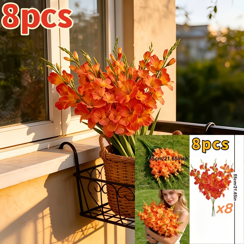 TEMU 8pcs Orange Artificial Gladiolus Flowers, Long Stem Elegant Fall Floral Arrangement, High Quality Faux For Living Room Dining Table Desktop