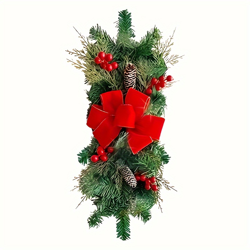 TEMU 2024 Christmas Wreath With Red Rattan Bow - Staircase & Wall Decor, Holiday Celebration Accessory, Winter, New Year