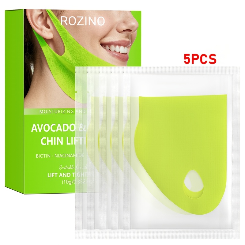 Image of 5pcs Avocado Collagen Chin Tightening Mask, Deep Moisturizing, Tightening Skin, Brightening Face, Neck, Goodbye Dry, Dark And Relaxing, Suitable For Face, Neck