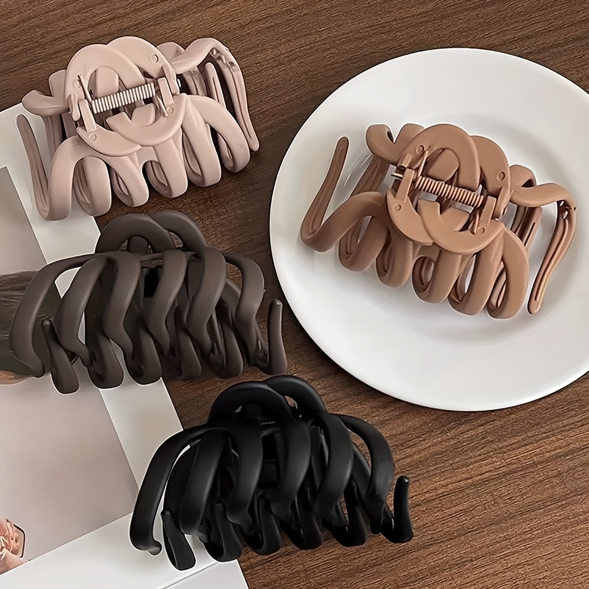 

4pcs Large Matte Hair Claw Clips In Coffee, - Vintage For Thick Hair, Plastic Hair Accessories