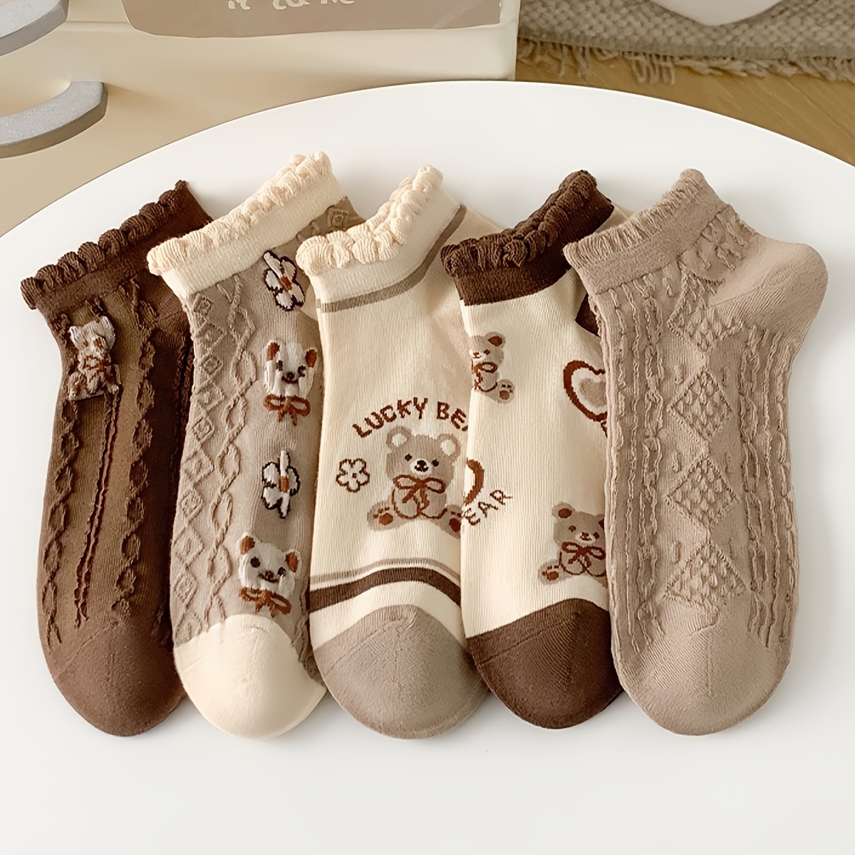 TEMU 5 Pairs Women's Fashion Individual Comfortable Soft Breathable Lace-trimmed Cute Cartoon Bear Pattern Short Socks Suitable For Daily Casual Wear