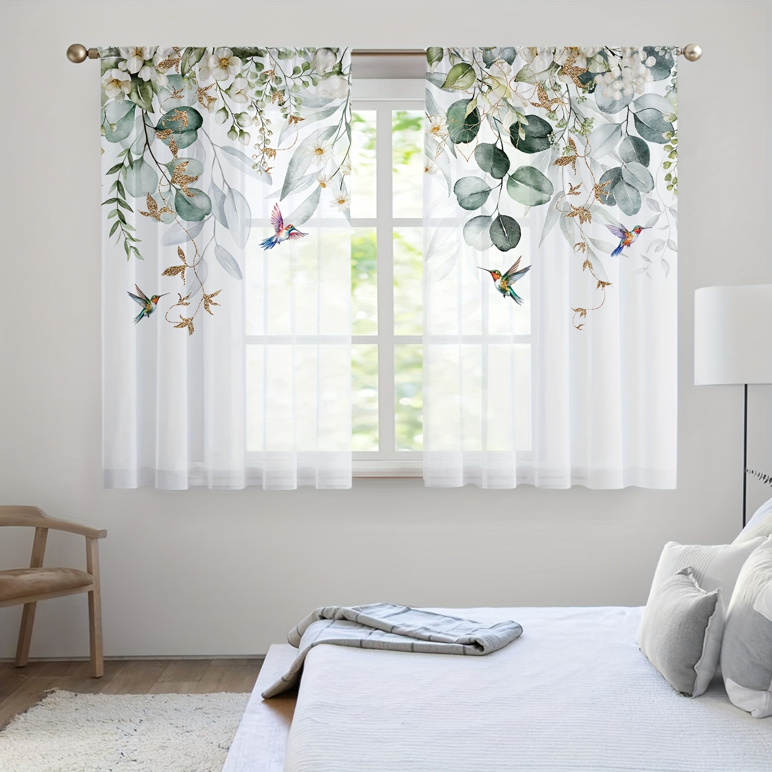 

2pcs Tropical Greenery & Hummingbird Sheer Curtains - Style, Light-filtering Rod , Polyester, Ideal For Kitchen & Bathroom Windows, Kitchen Curtains For Windows