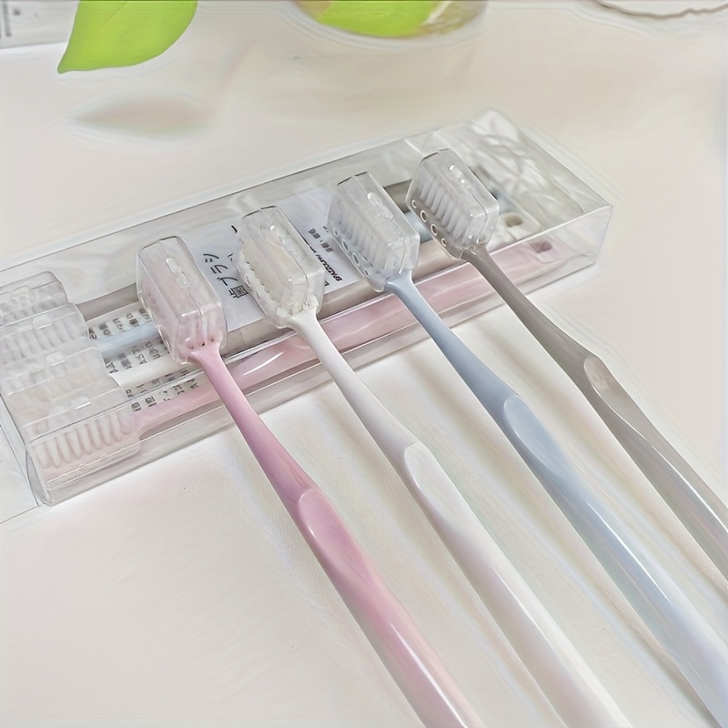 4-pack Japanese Macaron Bristle Toothbrushes With Protective Case - Fiber, Travel-friendly Size For Gentle Adult Cleaning, : Pink, Blue, White, Beige