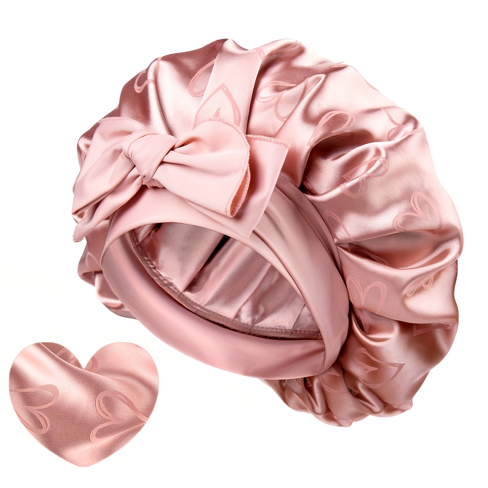 E-shop Ellitina 1er Pack Satin-Haube mit Herz-Muster, Schlafhaube mit Stirnband für Frauen mit natürlichen Locken, perfektes Geschenk für Frauen