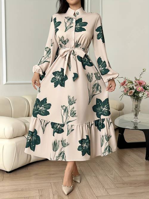 womens elegant a line printed dress with belt detail 100 polyester woven fabric lapel collar plant for adult versatile fashion