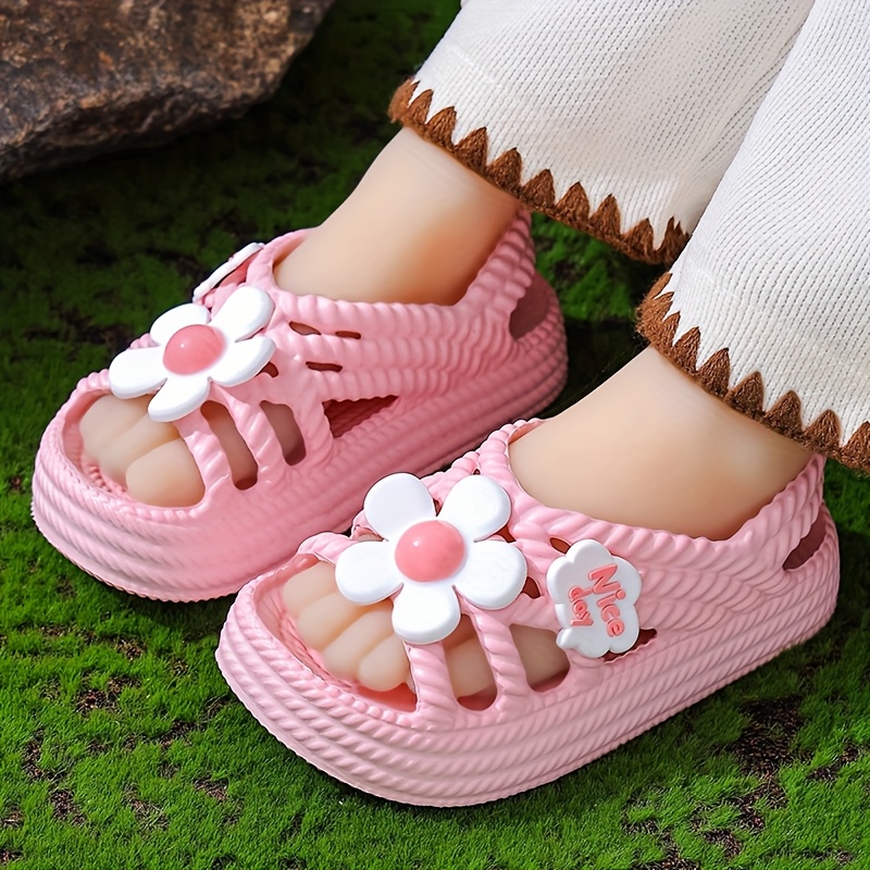 Girls' Summer Sandals with Floral Accents - Breathable EVA Slip-On Beach Shoes, Lightweight Soft Sole for Outdoor Play & Casual Wear, Cute Flower Design in Pink, Purple, Beige, Shoes for Girls, Playful Youngsters Footwear, Cushioned Comfort Insole