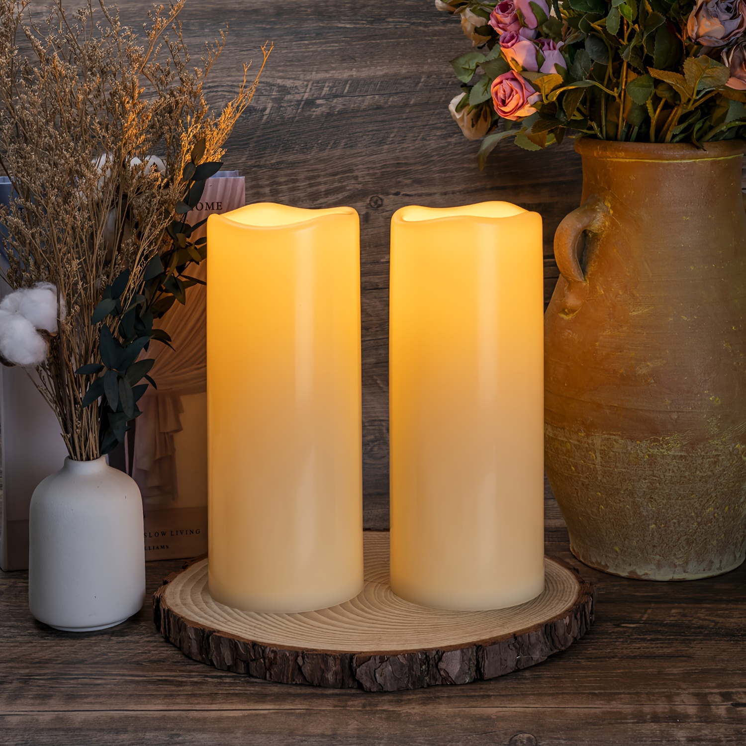 

Christmas 10" X 4" Large Flameless Candles With Remote Control And Timer, Battery Operated Flickering Led Pillar Candles For Larterns, Won't Melt, Long-, , Set Of 2