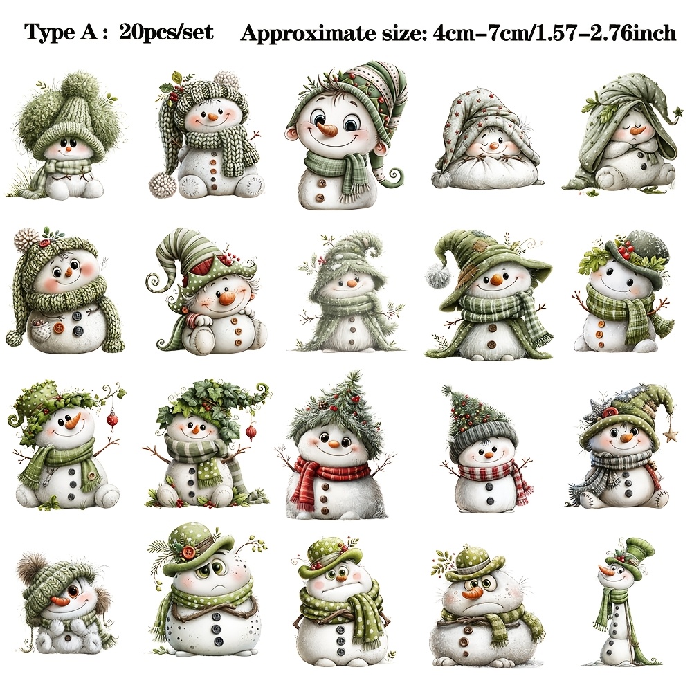TEMU Ruonaorou 20 stuks/set Retro Groene Hoed Sjaal Sneeuwpop Sticker Creatieve Feestdag Kerst Sneeuwpop Accountsticker DIY Decoratieve Sticker