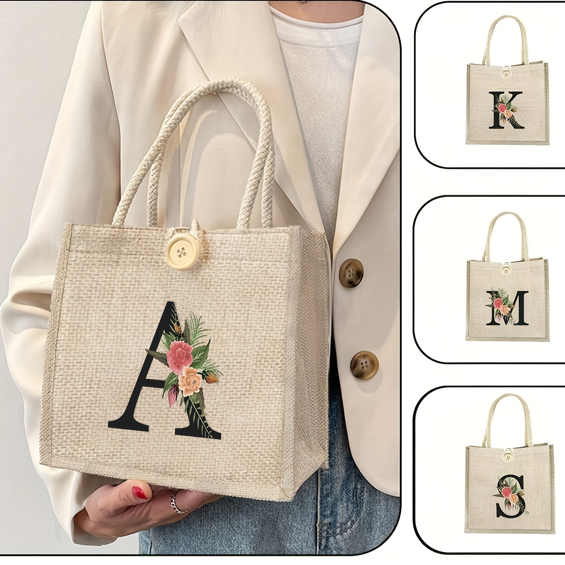 

1pc Polyester Floral Letter Tote Bag, Khaki Casual Handbag With Closure, Multifunctional Portable Storage For Weddings, Birthdays, , Festivals, Ideal Christmas Gift For Women, Teachers, Friends