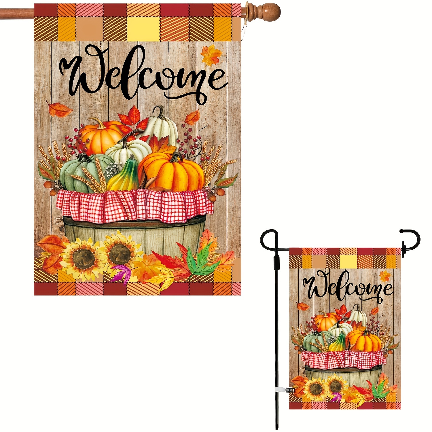 

2pcs, Fall Pumpkin Flags, 28x40 Inches, 72 X 102 Cm Large Vertical Double Sided, Buffalo Checkered Thanksgiving Festival Outdoor Decor Seasonal Yard Garden Flag 12x18 Inches, 30 X