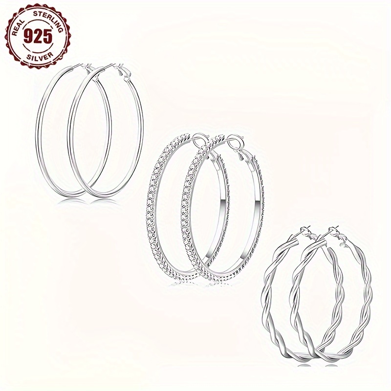 

3 Pairs Of 925 Sterling Silver Hoop Earrings For Women Large Silver Hoop Earrings Allergy-proof Lightweight Aurodrill Hoop Earrings Set 20/30/40/50/60/70mm