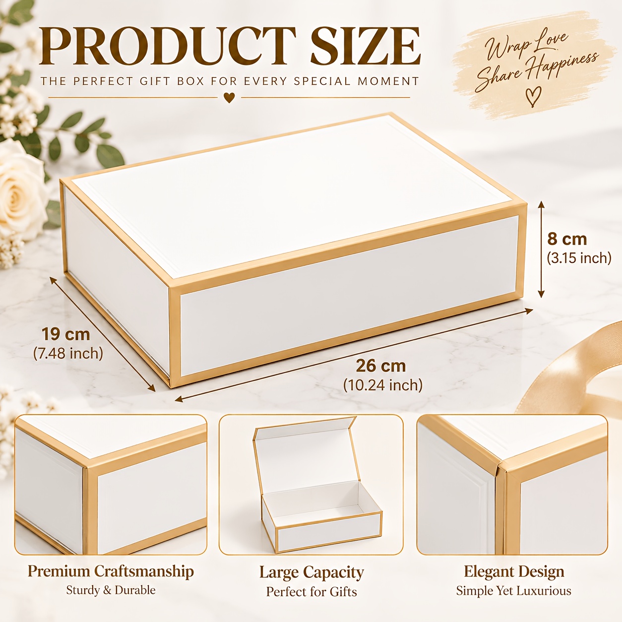 TEMU Boîte Cadeau Magnétique de Luxe, Boîte Cadeau Rigide Blanche avec Bordure Dorée, Boîte à Fermeture Magnétique Rigide et Pliable pour Emballage