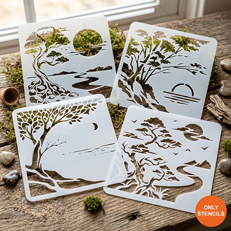 TEMU 4 pochoirs de paysage, modèles d'origine pour peinture de naturels, silhouette d'arbre, soleil, , , , décoration murale, artisanat sur toile,