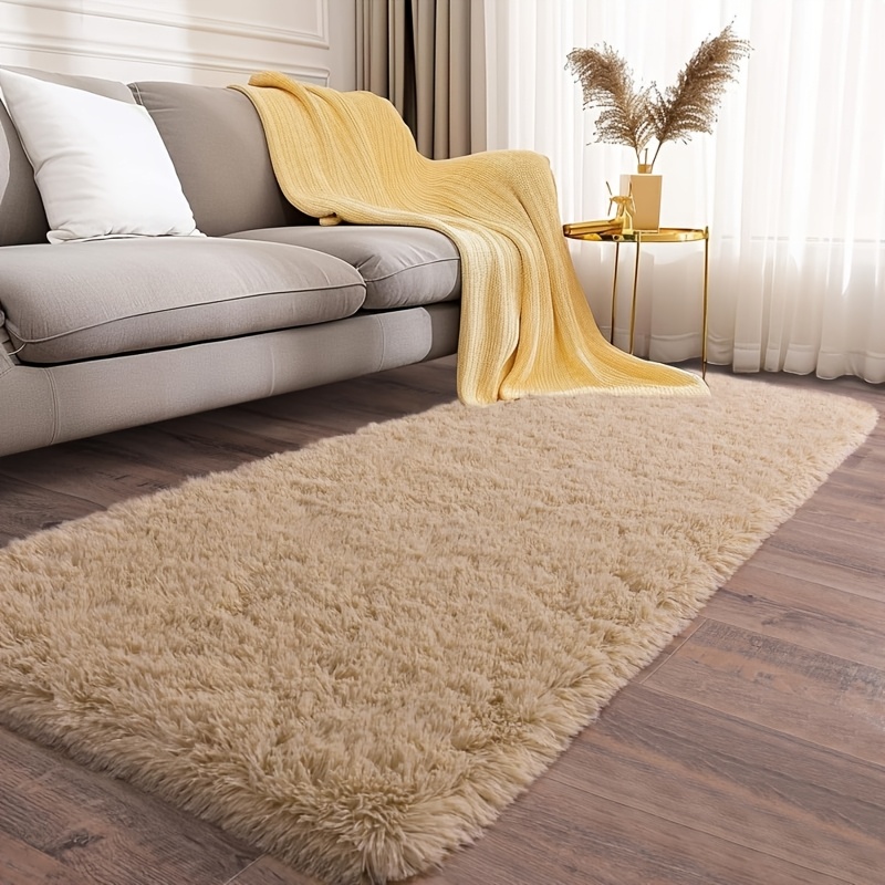 1pc Ultra Soft Beige Thick Pile Area Rug, Plush And Fluffy Rectangle  Polyester Carpet with High Pile, Non-Slip, Hand Wash Only, for Living Room