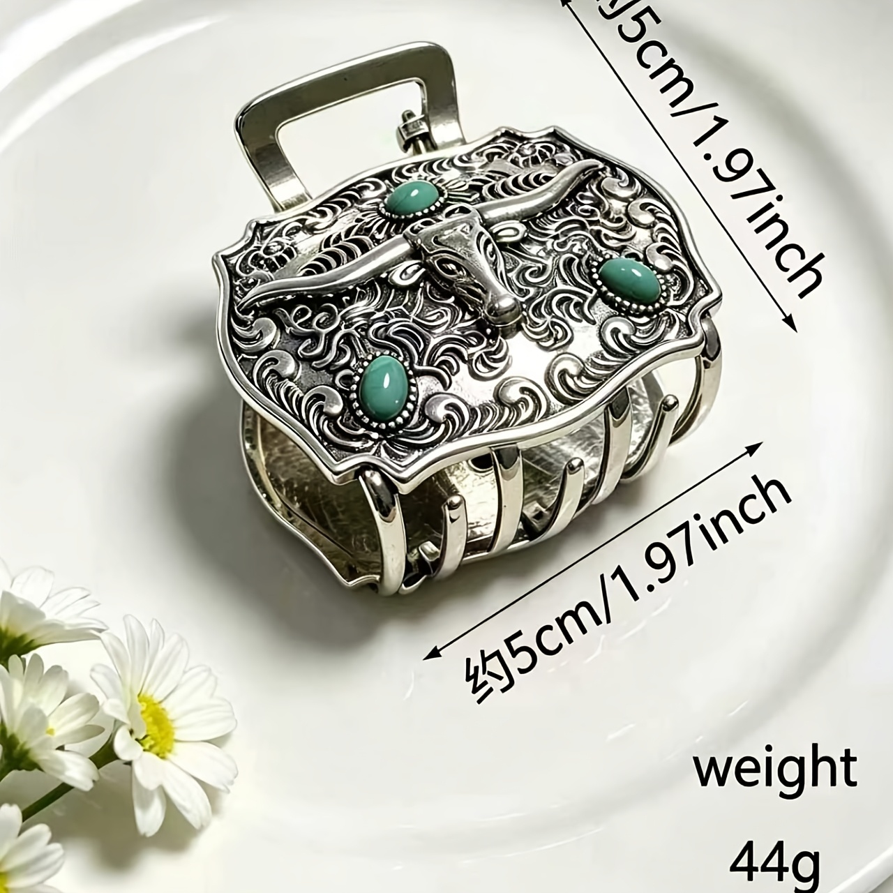 TEMU European And Silvery- Alloy Hair Claw Clip, Bohemian Western Cowboy Cow Horse Hairpin With Embossed Pattern Base
