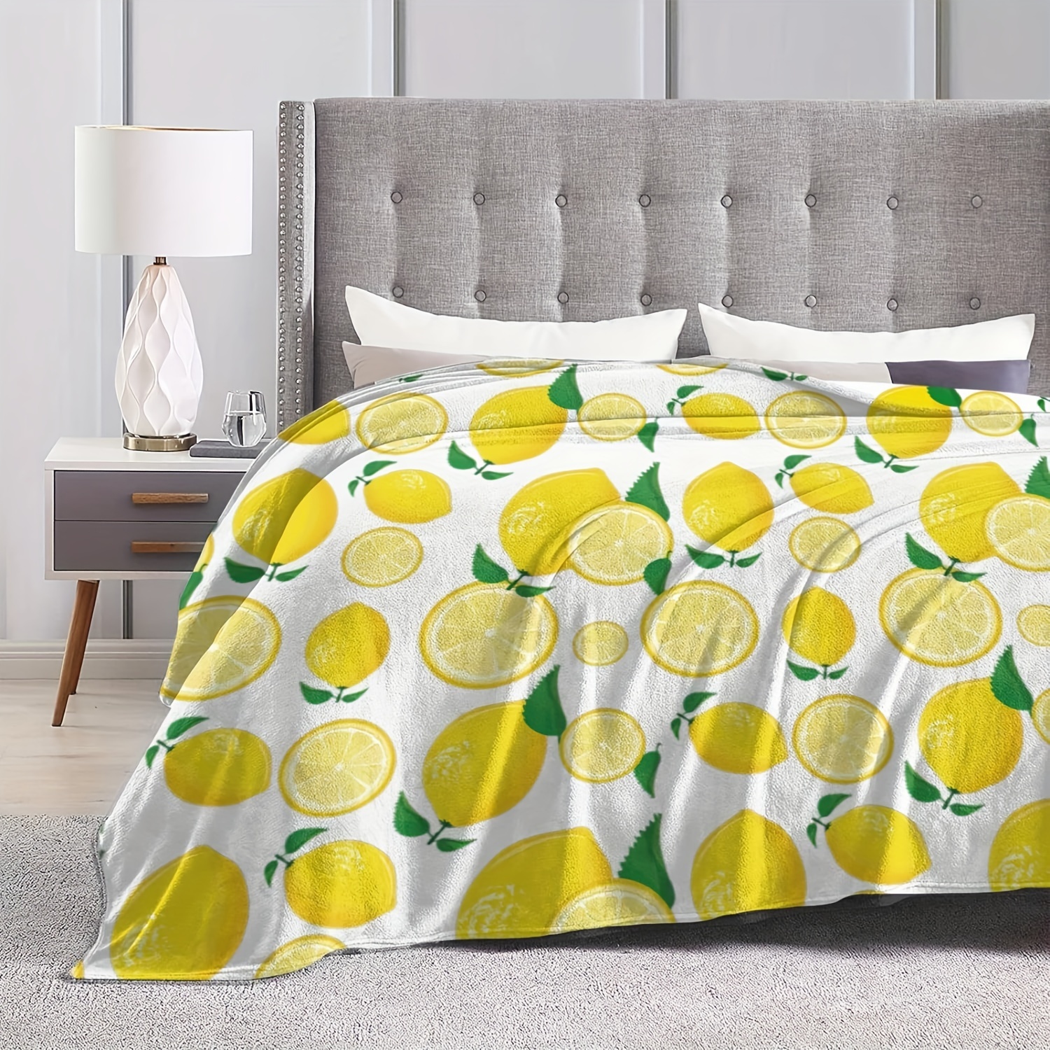 

Cozy Lemon Print Flannel Throw Blanket - Soft, Warm, And Versatile For Couch, Bed, Office, And Travel - All-season Gift Idea