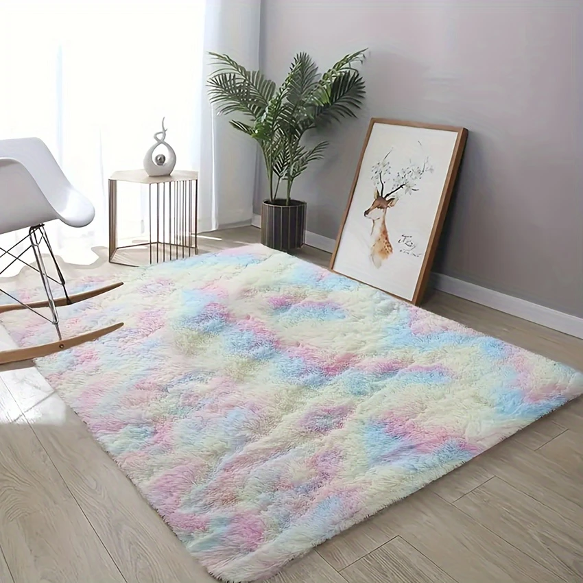 machine washable striped rainbow fluffy area rug high pile rectangle braided weave lightweight polyester indoor carpet for bedroom living room halloween christmas easter decor details 2