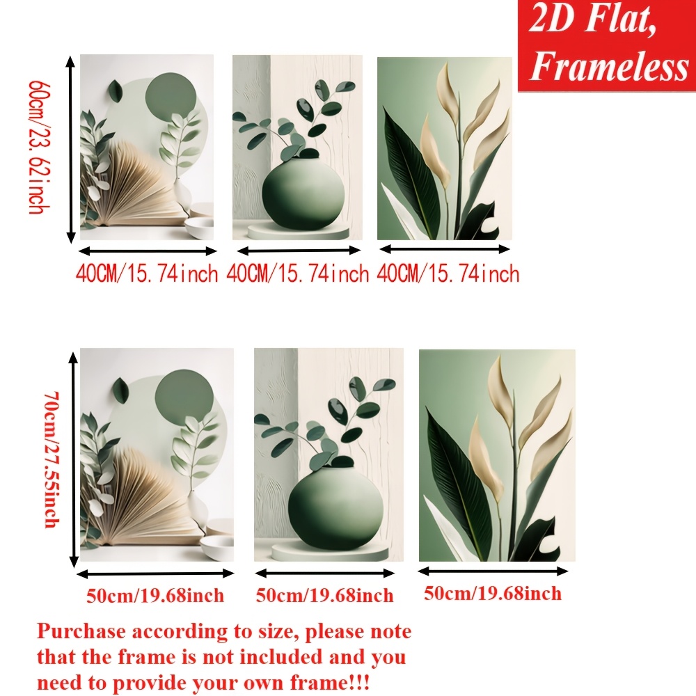 TEMU Peinture décorative 2D plate, 2D plate, cadre, 3 pièces, art de plante verte, peinture sur toile à motif de feuille ronde et de livre, convient
