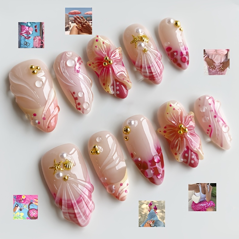 TEMU Set di 10 unghie finte a pressione a mandorla medio-lunghe autunnali, design sfumato rosa nude con fiori 3D, e marine, punte per unghie stile da