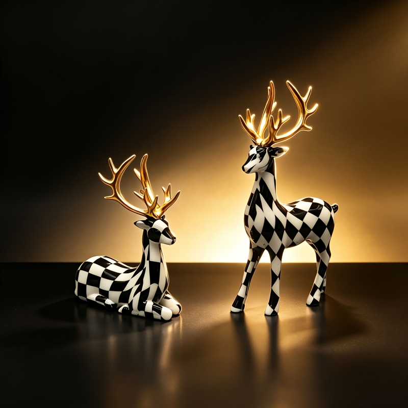 TEMU 2pcs Black White Checkered Reindeer Figurines, Luxury Christmas Deer Plastic Statue, Modern Desktop Ornament For Living Room Entryway Cabinet