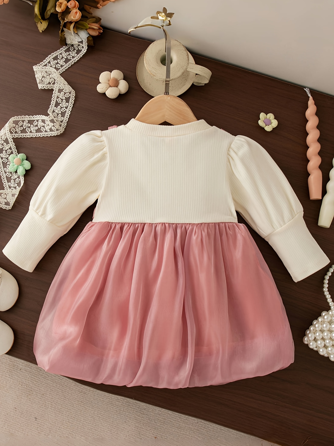 new   for baby girls featuring a faux two piece long sleeve dress with a flower bud design floral embroidery   color and a bow tie button   wedding flower girls Product details 6