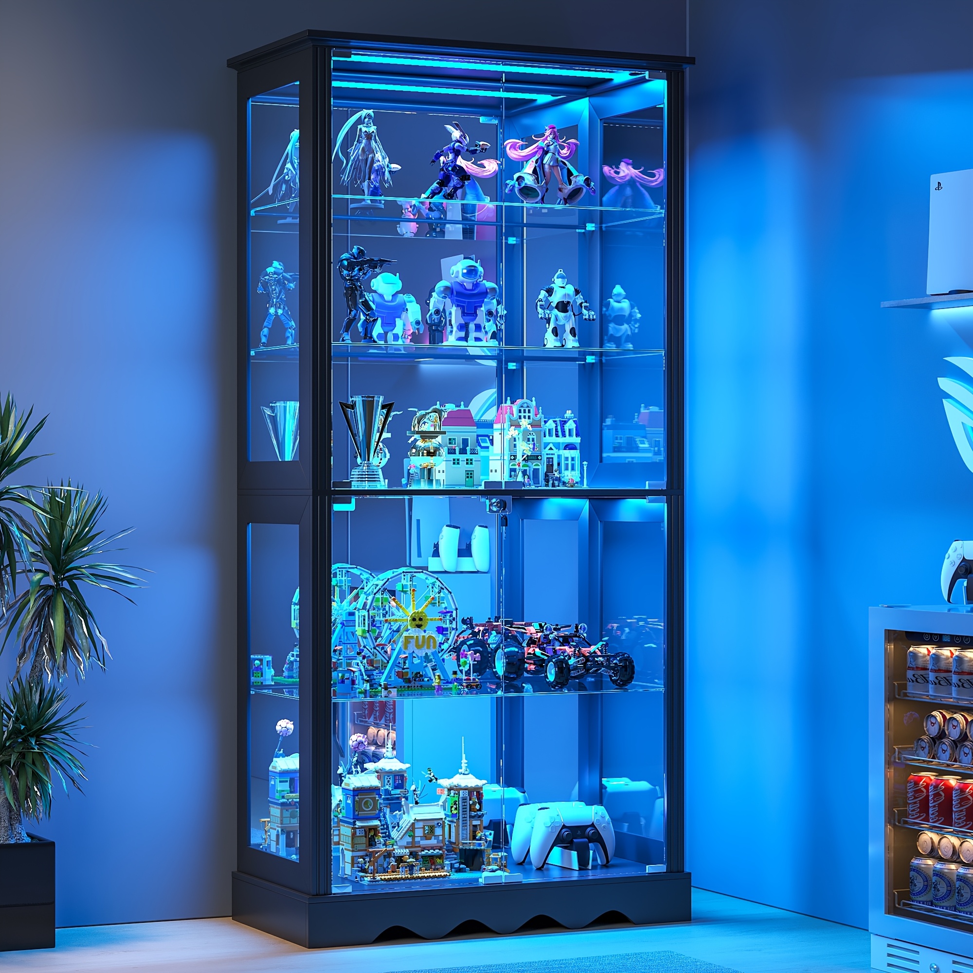TEMU Display Cabinet With Glass Doors, 71'' Tall Cabinet With Rgb Lights For Collectibles, Led Display Case With Removable Shelf For