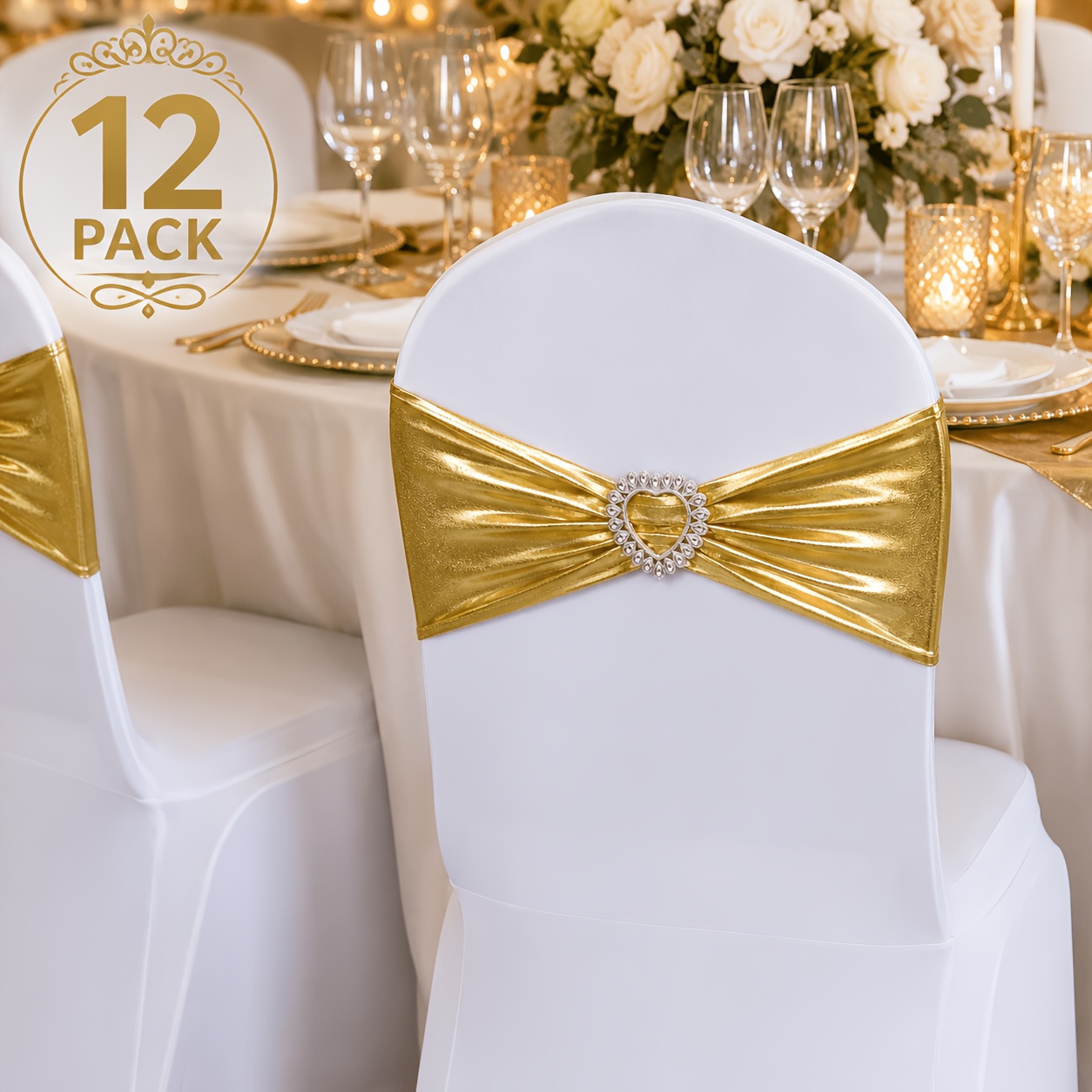 TEMU 12pcs Elastic Chair Straps, Heart-shaped Buckles, Stretchable Back Chair Sashes, Suitable For Weddings, Banquets, Parties, Hotels, And