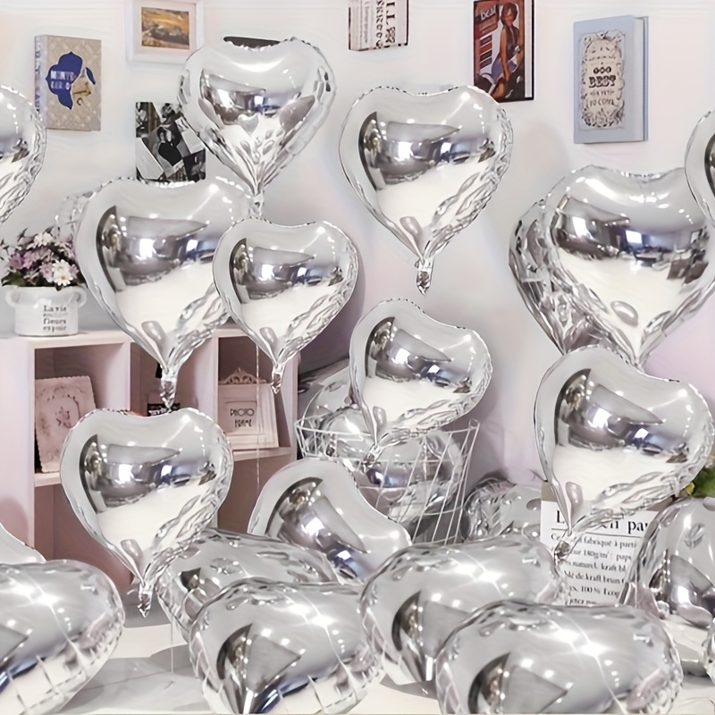 Image of 21pcs, Silver Heart-shaped Balloon Set - Including Ribbon, Film Heart-shaped Balloon, 18-inch Silver Heart-shaped Balloon, Birthday Party Decoration, Wedding And Engagement Decoration