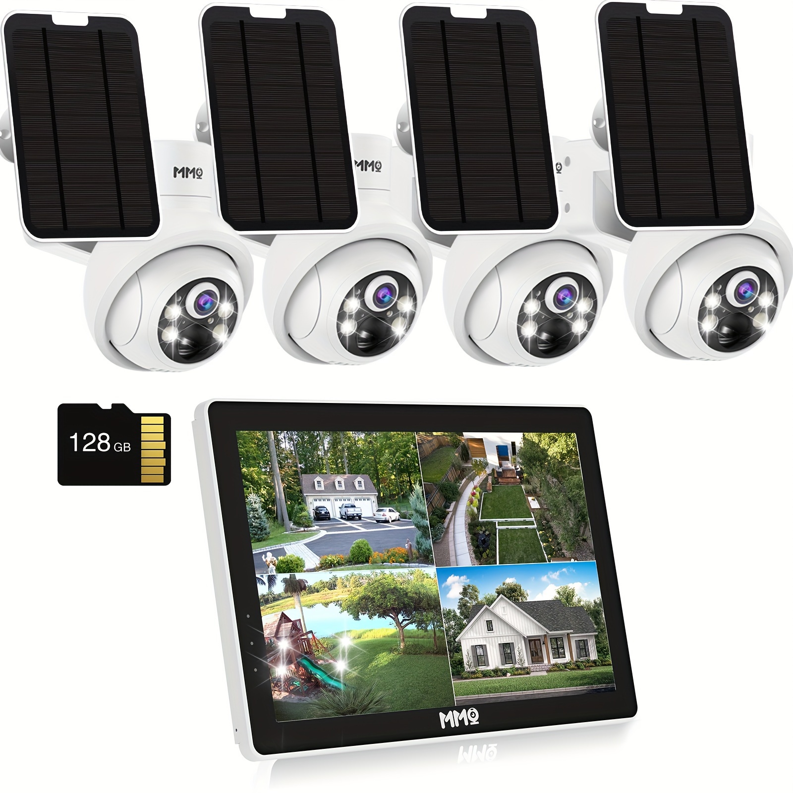 

Solar Security Cameras Wireless Outdoor With Lcd Monitor, 2k Home Security System, 4 Cameras Kit With 360 View, Pir Motion, Spotlight Camera, 128g Local Storage, No Monthly Fee