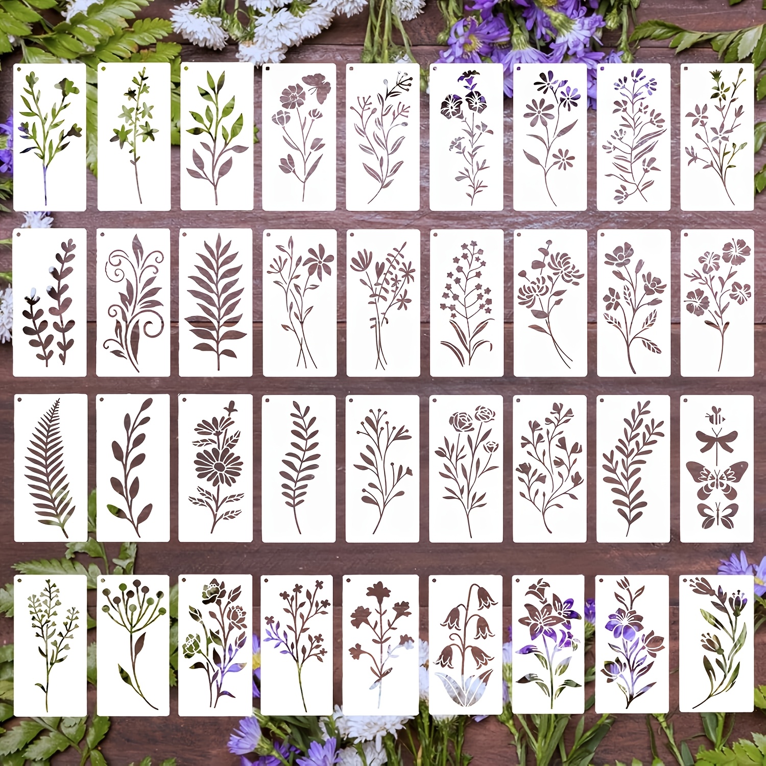 TEMU 36 Pezzi Stencil Rami , 3X6 Pollici Riutilizzabili PET Plant Flower Leaf Template Cavo, Stencil per Pittura per Legno, Tela, Tessuto, Muro, ,