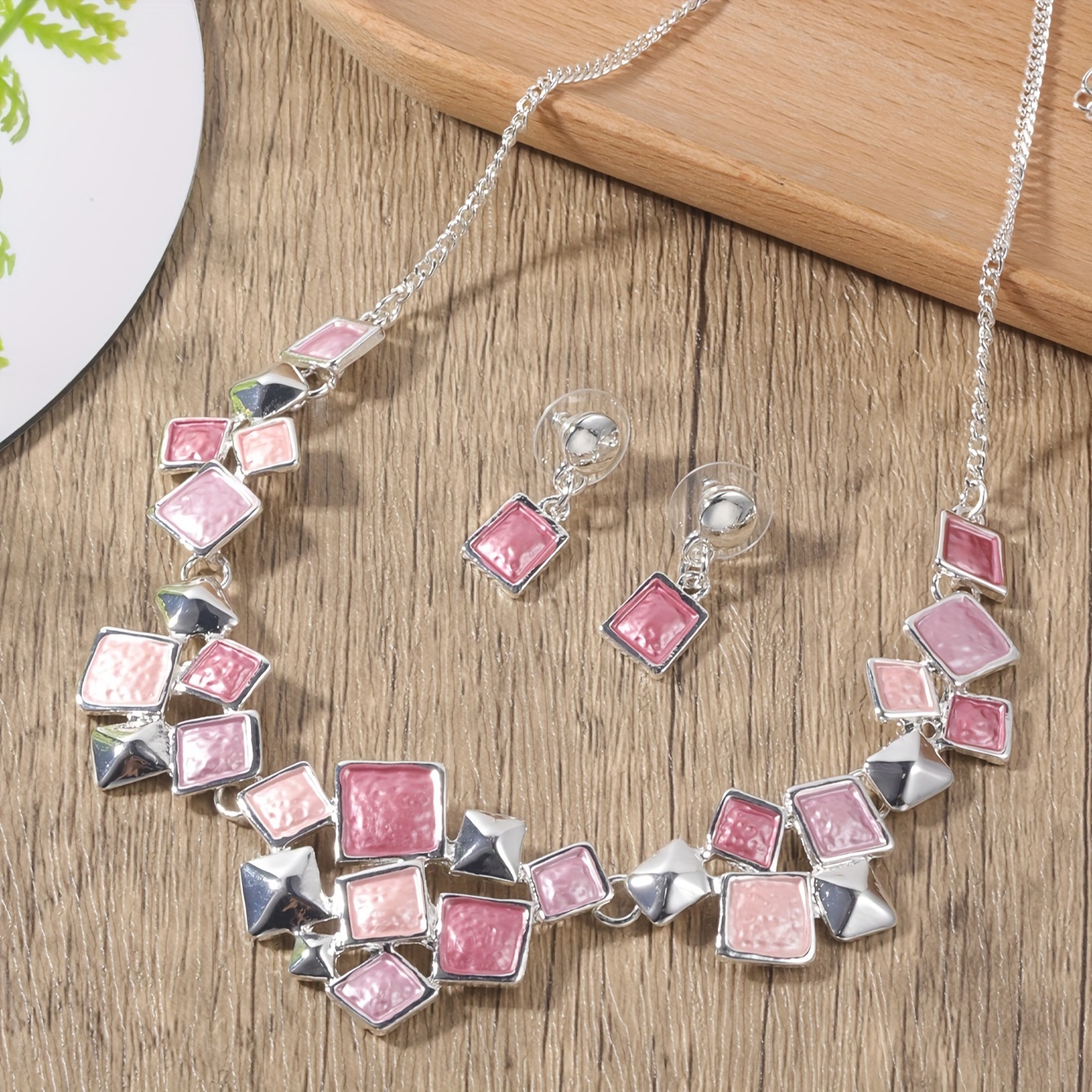 TEMU Boho Cute Alloy Jewelry Set With Pink Gem Design - Necklace And Earrings Set For Women | Fashionable & Gift | Valentine's Day | Versatile For All