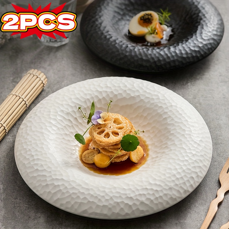 2 Elegant Black and White Ceramic Plates - Premium Tableware with Creative Hammered Design, Perfect for Western Cuisine Desserts Salads Home & Restaurants Artistic Straw Hat Style