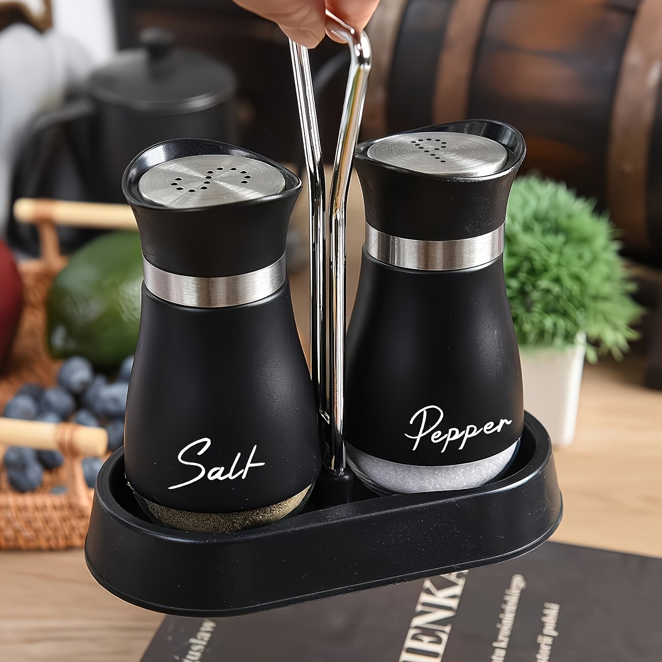 TEMU Black Seasoning Jar Set Of 4 (2 Bottles And ), Salt And Pepper Shaker Set, Stainless Steel Lid Glass Salt And Pepper Shakers, Suitable For