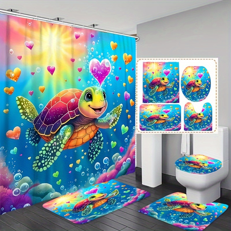 

1/3/4pcs Cartoon Heart Turtle Printed Shower Curtain Set, Waterproof Shower Curtains With 12 Hooks, Non Slip Carpet, Toilet Lid Mat, U-shaped Bath Mat, Home Decoration, Bathroom Accessories