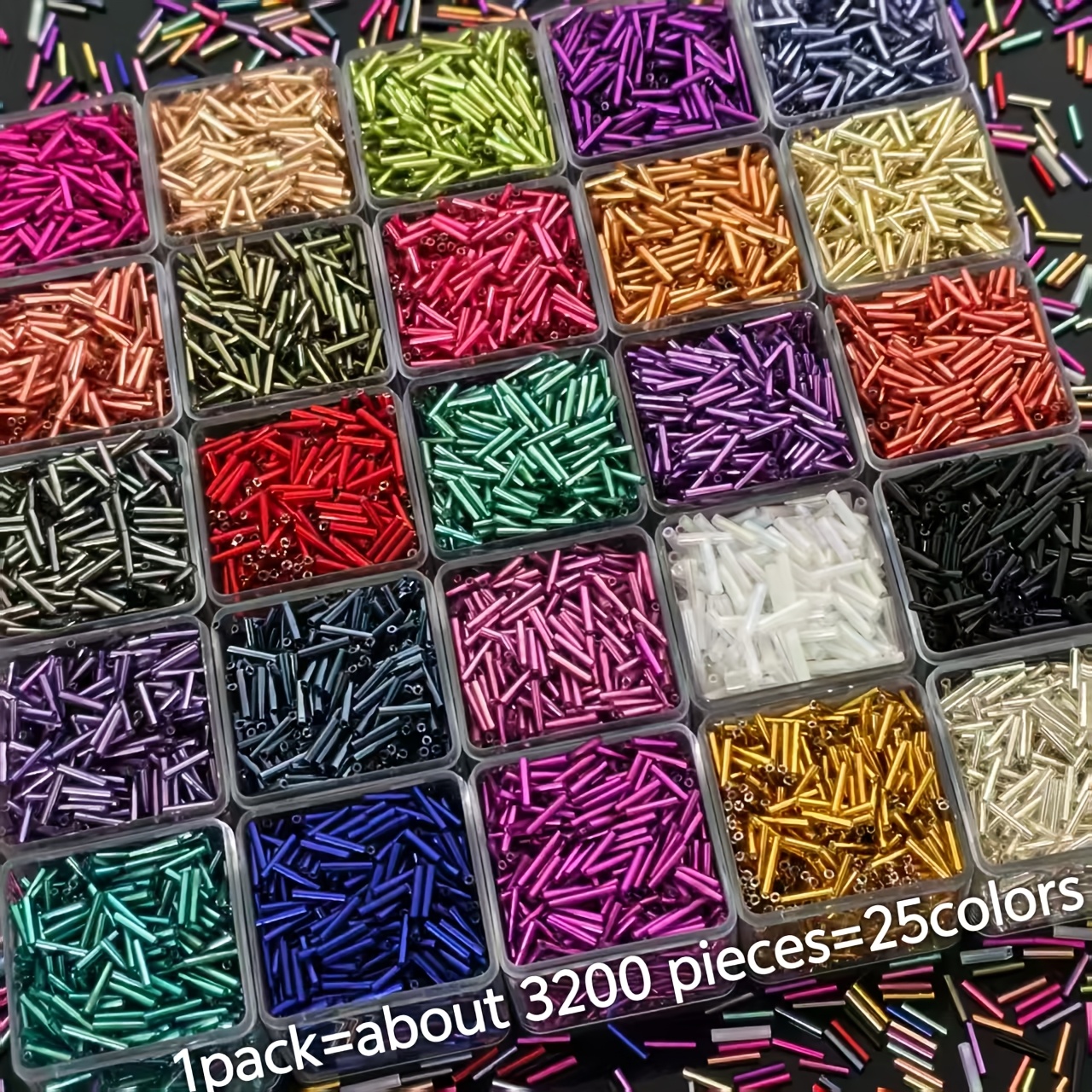 TEMU 3200 perles de tubes en verre colorées, 2X8 mm - 25 couleurs vibrantes adaptées aux perles décoratives, bracelets, et d'artisanat - Parfaites