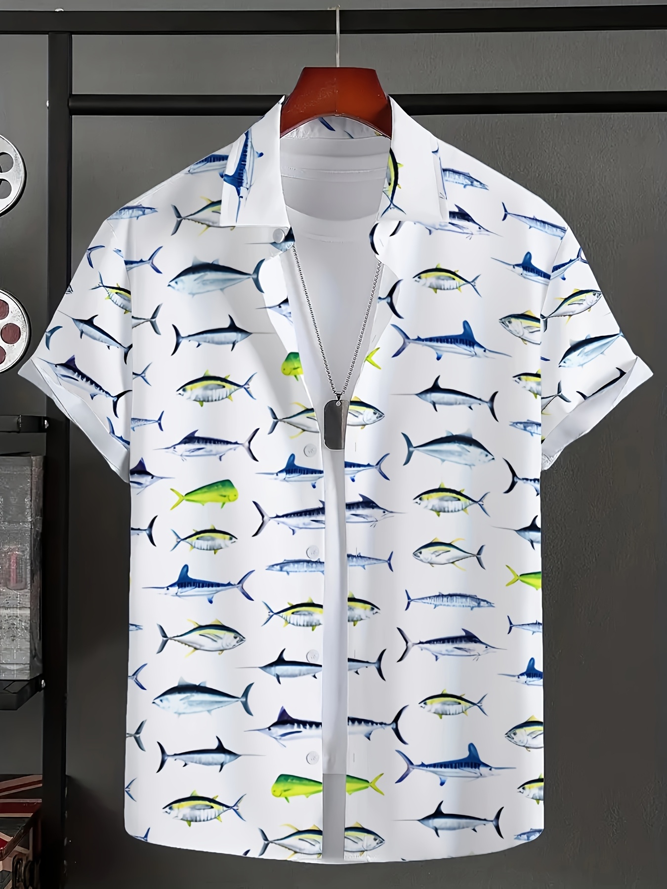 mens vibrant fish print short sleeve shirt 100 polyester Temu