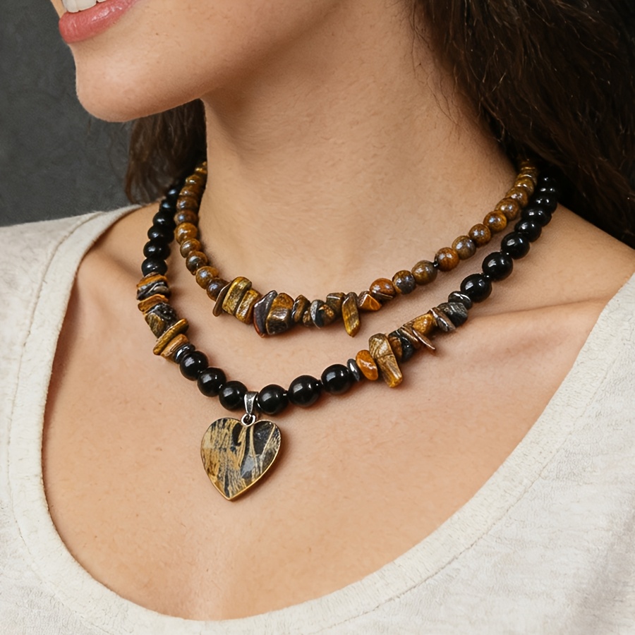 Women's Layered Long Necklace with Natural Stone Heart Pendant