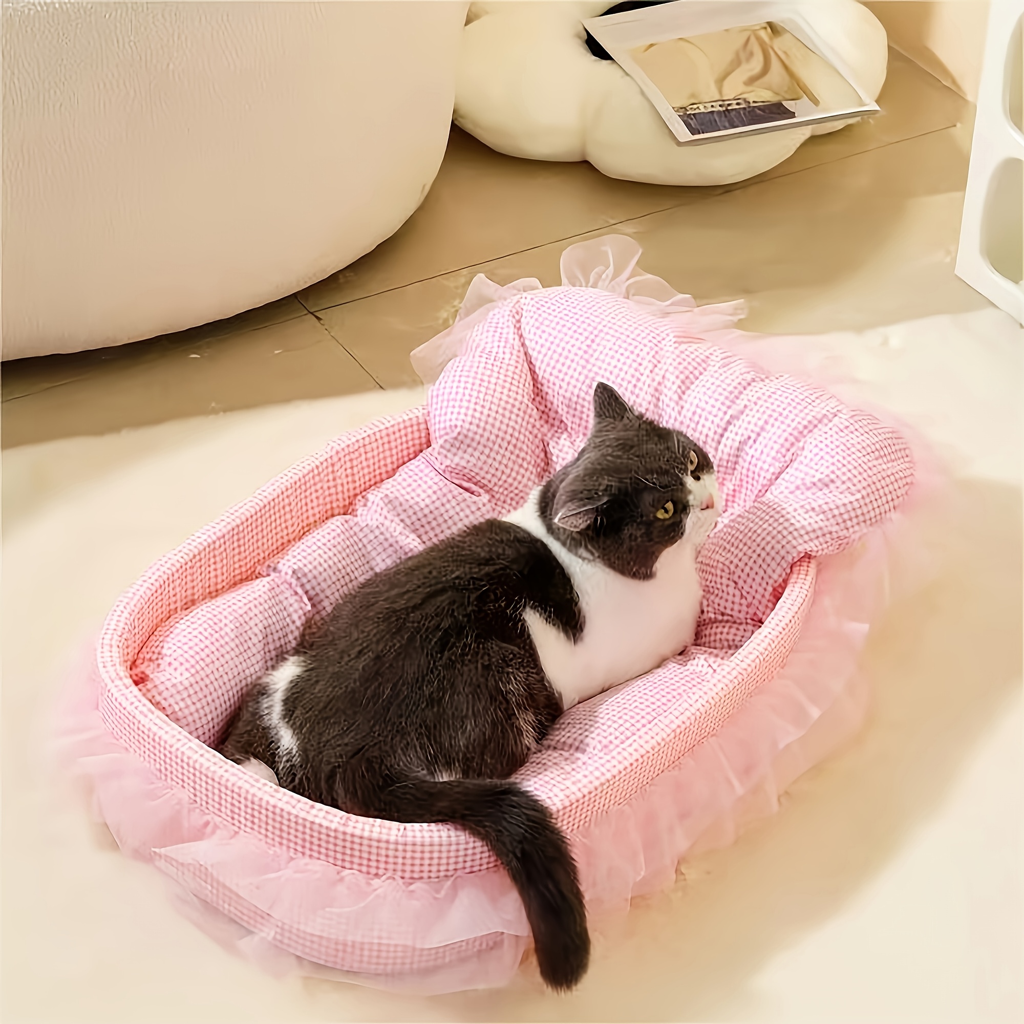 

3pcs Set, Washable Luxury Gauze Bed - & White Checkered Sofa With , Cozy Pet Nest For Cats & Small Dogs, Comfortable & Cute, Kitten Bed